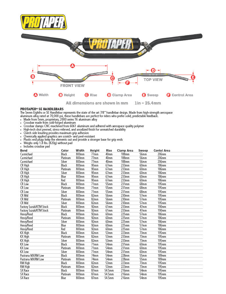 ProTaper SE 7/8-inch handlebar dimensions diagram and standard bend specifications chart
