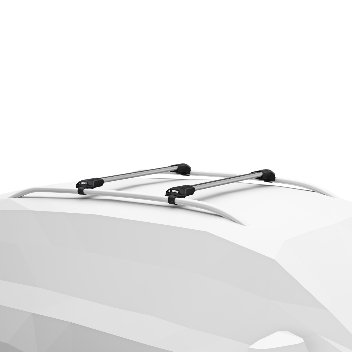 Two aluminum Thule WingBar Edge roof bars installed on vehicle roof rails