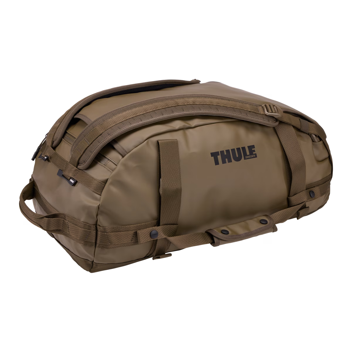 Deep Khaki Thule Chasm 40L travel duffel bag with backpack straps