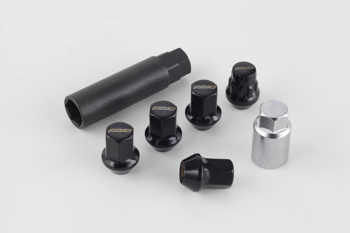 Rays M12x1.50 5 Hole 16pcs Nut 4pcs Lock Nut w/Adapter & Lock Nut Key - Black