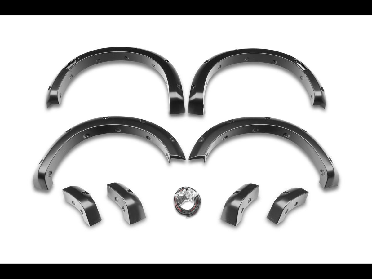 Husky matte-black Pocket Style fender flares for 2005–2011 Toyota Tacoma with 5-foot bed - hardware and components view