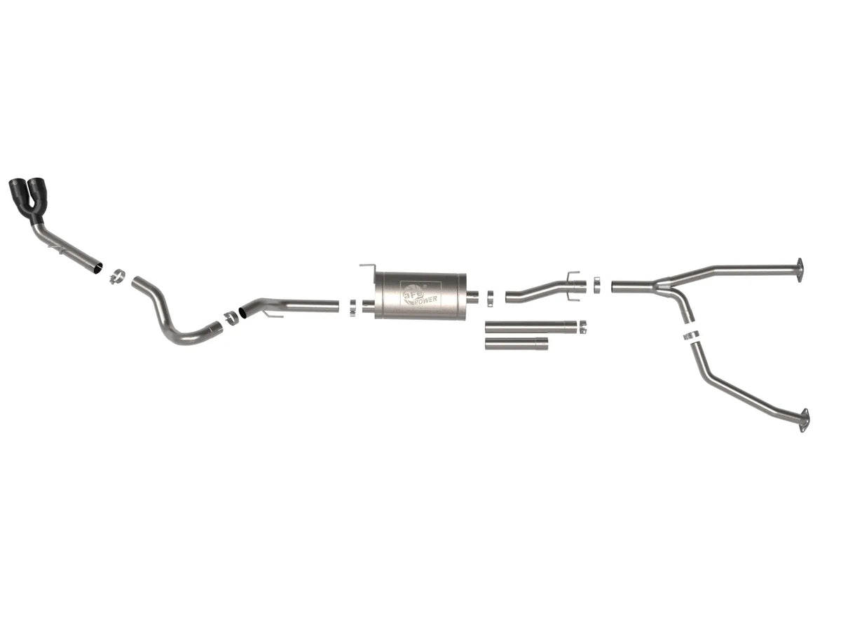 aFe Vulcan 304 stainless-steel cat-back exhaust with dual black tips for 2022–2026 Toyota Tundra - disassembled view