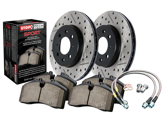 Front Brakes Package - Drilled Slotted Rotors, Brake Pads, Stainless Brake Lines