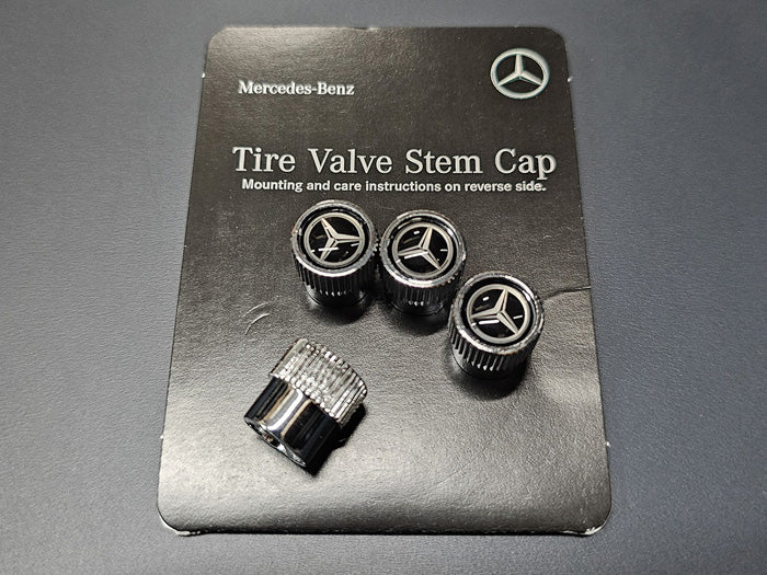Mercedes-Benz Tire Valve Caps Chrome with Silver Star on Black