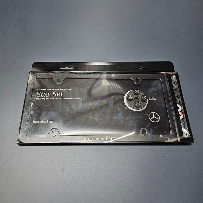 Mercedes-Benz license plate frame and valve stem caps with mounting hardware