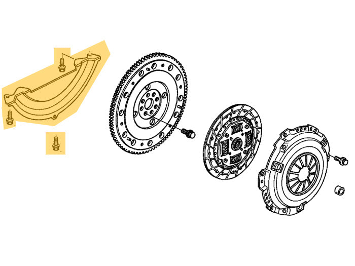 Kit diagram showing flywheel inspection cover alongside mounting bolts