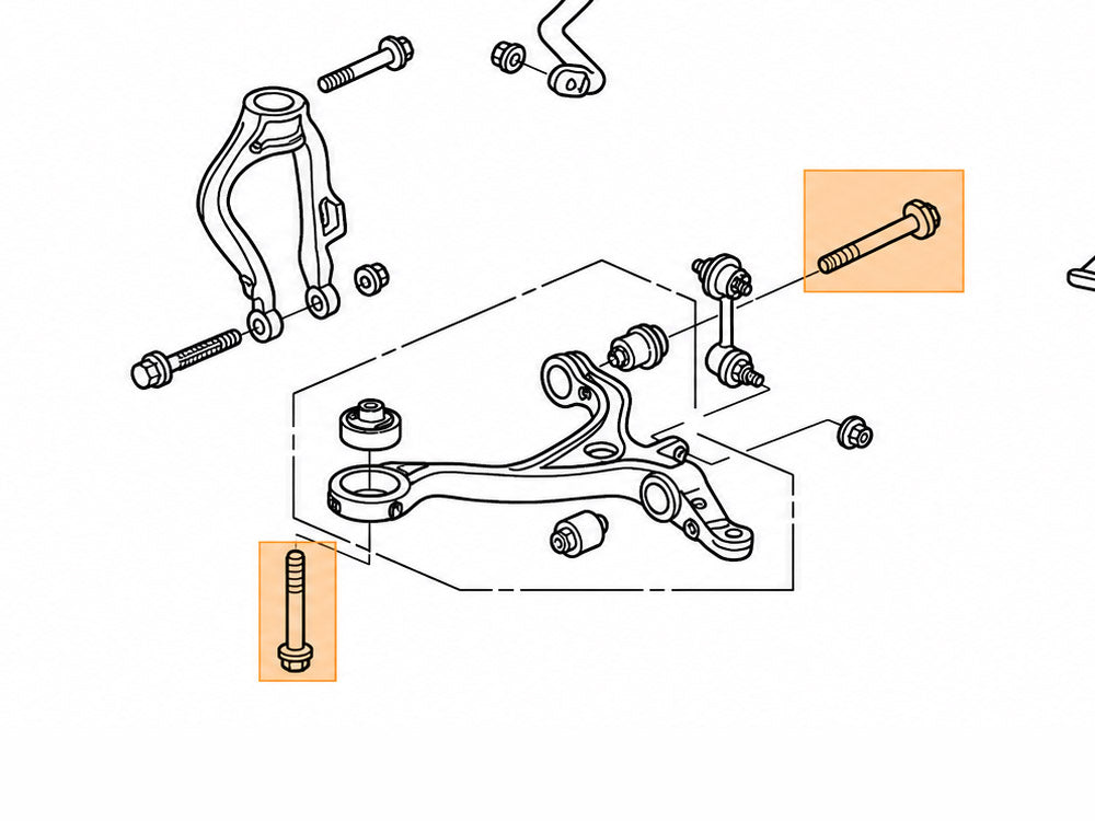 OEM Honda Acura front lower control arm inner bolt diagram for 03-07 Accord and 04-08 TSX