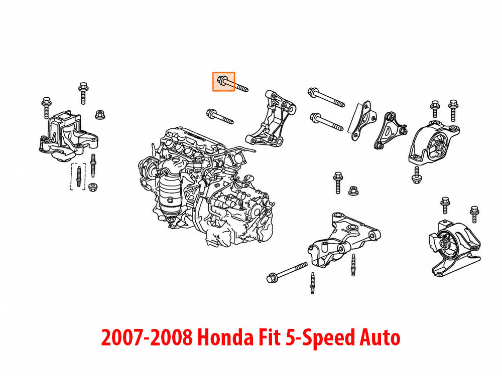 Diagram showing Genuine OEM Honda 90163-SZ3-000 10x45 flange bolt location for 2007-2008 Honda Fit 5-speed automatic engine/transmission mount application