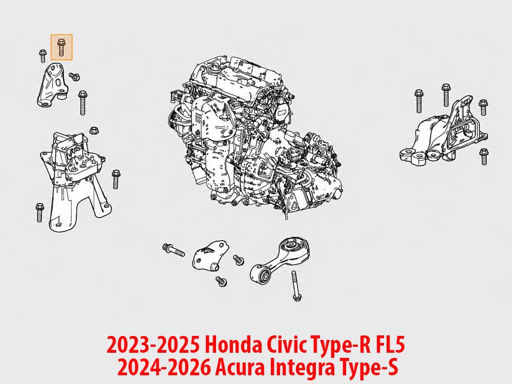 Diagram showing Genuine OEM Honda Acura 90163-SZ3-000 10x45 flange bolt location for 2023-2025 Civic Type R FL5 and 2024-2026 Integra Type S engine mount application