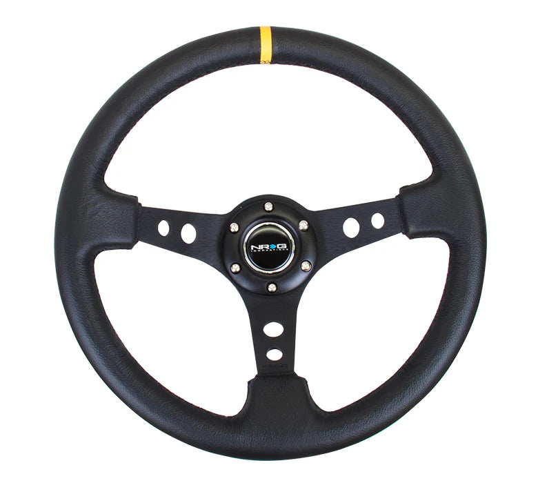NRG Deep Dish Steering Wheel 350mm Black Leather w/Black Spokes and Yellow Stripe Center