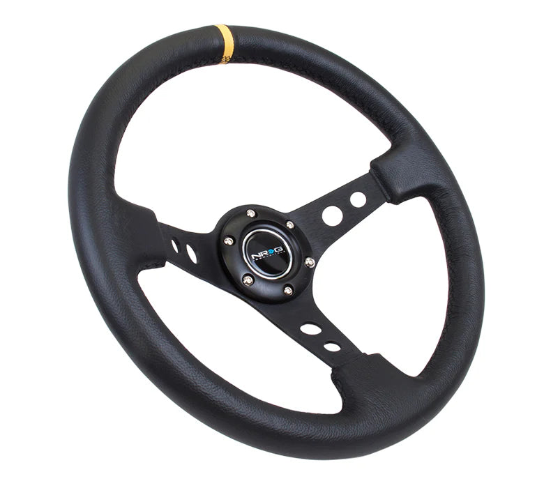 NRG Deep Dish Steering Wheel 350mm Black Leather w/Black Spokes and Yellow Stripe Center