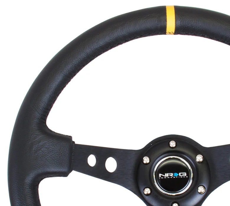 NRG Deep Dish Steering Wheel 350mm Black Leather w/Black Spokes and Yellow Stripe Center