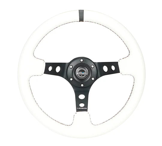 NRG Reinforced Steering Wheel (350mm/3in. Deep) White Leather w/Black Spoke/Round Holes