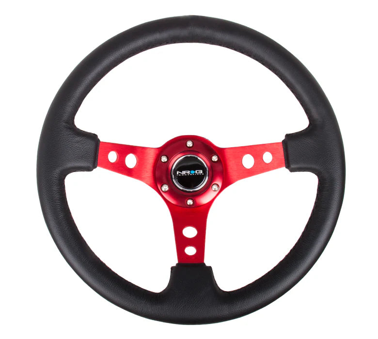 NRG Reinforced Deep Dish Steering Wheel 350mm Black Leather w/Red Spokes