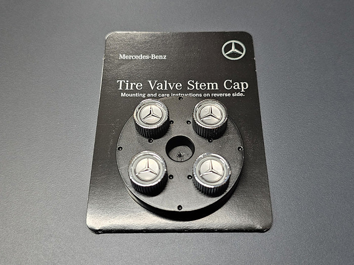 Luxury valve stem caps with chrome finish and Mercedes-Benz logo