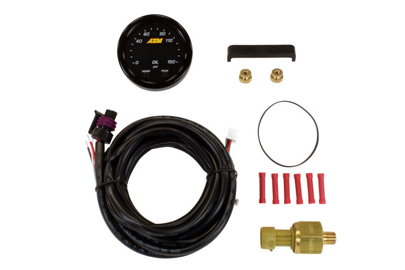 AEM X-Series 0-150 psi Oil Pressure Gauge Kit Components