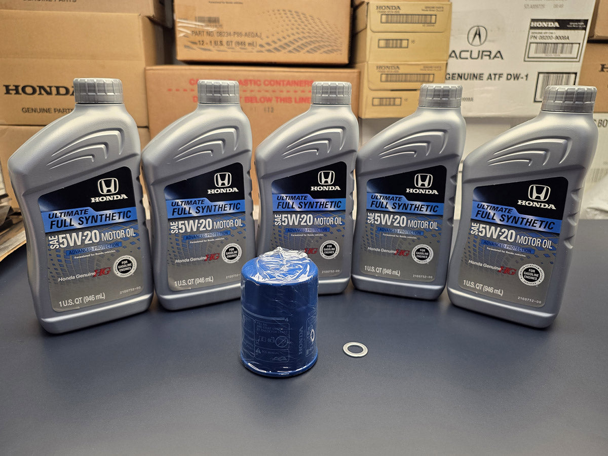 Genuine Honda 5W20 full synthetic oil change kit with 5 quarts oil filter and drain washer