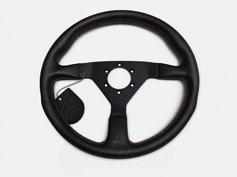 MOMO MCL35BK3B black leather steering wheel with red stitching