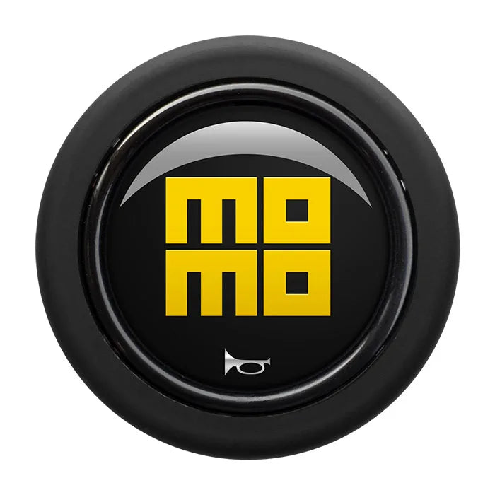 Momo Steering Wheel Horn Button (Rounded) - Gloss Black Yellow Heritage Logo