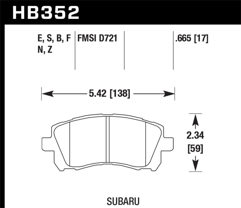 Hawk 1998-2/2002 Subaru Forester L (w/Rear Drum Brakes) High Perf. Street 5.0 Front Brake Pads | HB352B.665