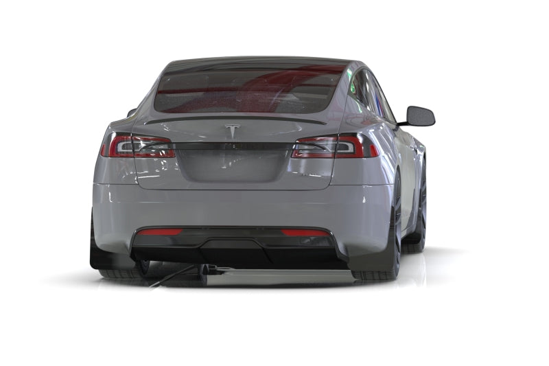 Black Rally Armor UR mud flaps with metallic black logos for 2021–2026 Tesla Model S and Model S Plaid Installed View