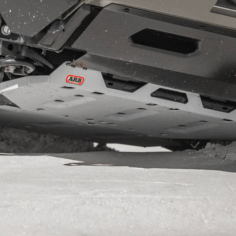 ARB Toyota Tacoma front skid plate in textured silver finish