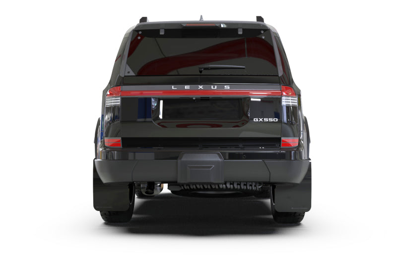 Rear Rally Armor UR Mud Flaps on Lexus GX 550 Luxury – Black polyurethane flap with silver Rally Armor logo visible behind alloy wheel.