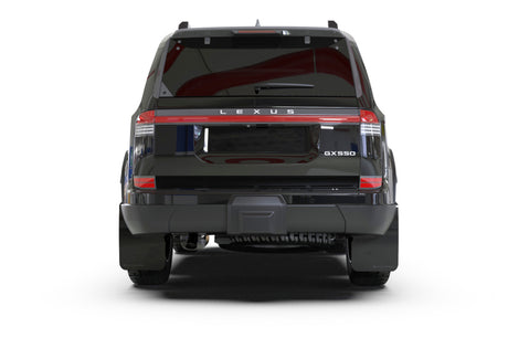 Rear Rally Armor UR Mud Flaps on Lexus GX 550 Luxury – Black polyurethane flap with silver Rally Armor logo visible behind alloy wheel.
