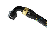 GReddy -10AN 90-degree swivel hose end in black and gold anodized aluminum