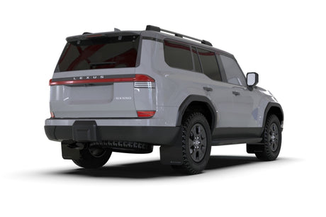 Rear-right view of Lexus GX 550 Luxury equipped with Rally Armor UR Mud Flaps – shows full coverage and black finish with silver logo.