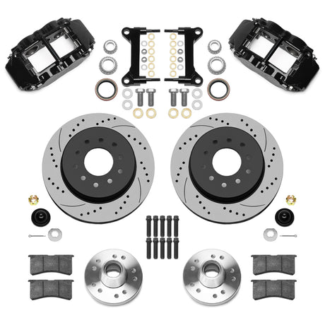 Black Wilwood six-piston calipers with 12.19-inch drilled and slotted rotors