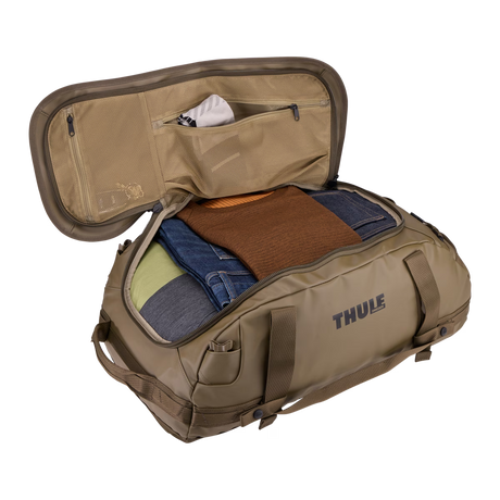 Thule Chasm Deep Khaki duffel backpack with wide-mouth opening