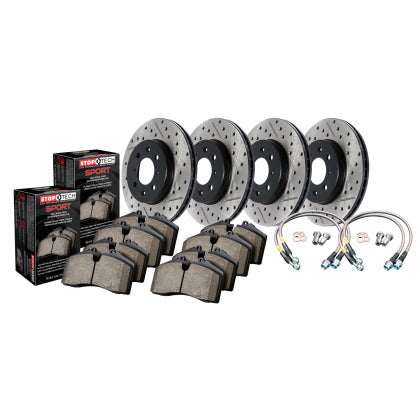 Front and Rear Brake Package Slotted Drilled Rotors, Brake Pads, Stainless Lines 08-17 WRX