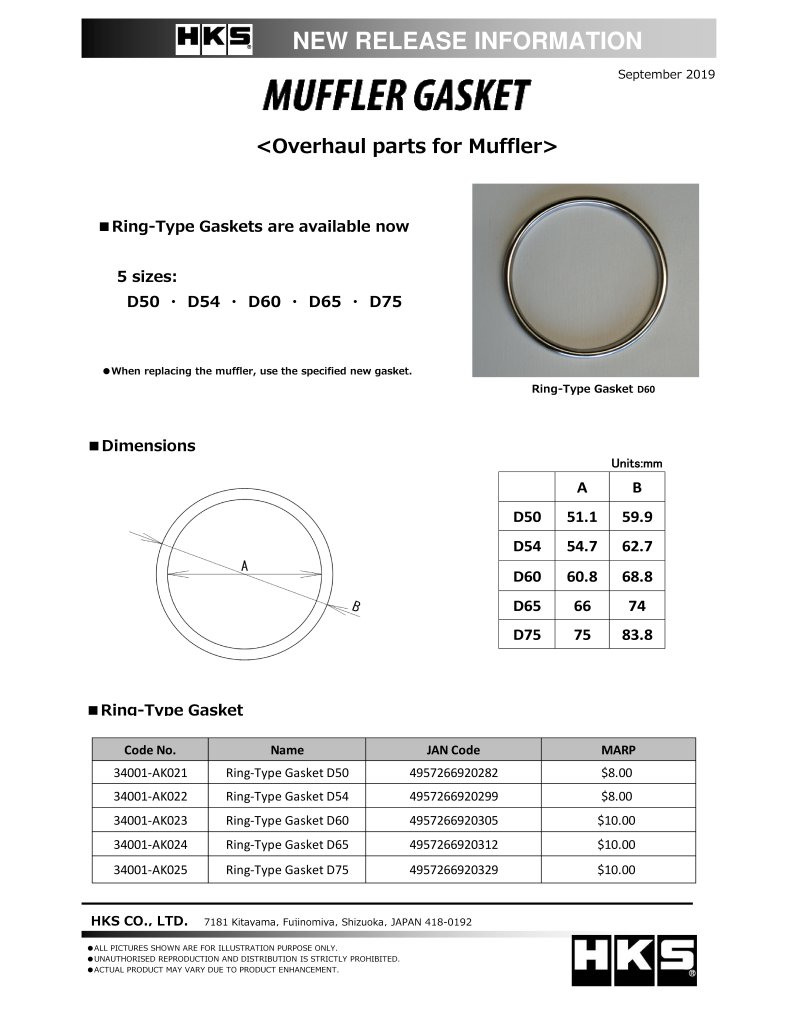HKS Muffler Gasket 66mm ID 74mm OD | 34001-AK024