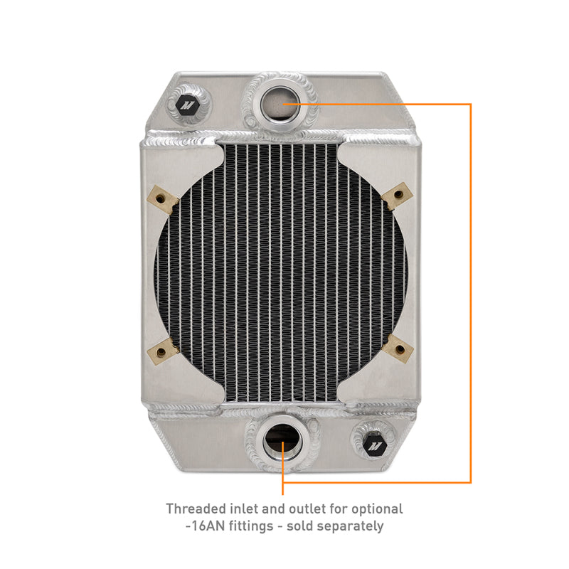 Mishimoto aluminum drag radiator showing threads compatible to -16 ORB