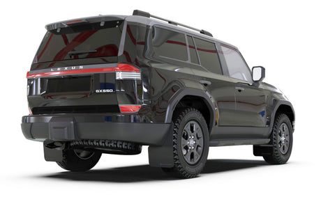 Rear-right view of Black Lexus GX 550 Luxury equipped with Rally Armor UR Mud Flaps – shows full coverage and black finish with silver logo.