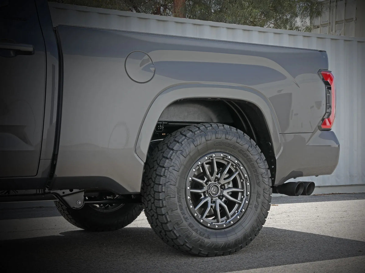 aFe Vulcan 304 stainless-steel cat-back exhaust with dual black tips for 2022–2026 Toyota Tundra - Installed Side View
