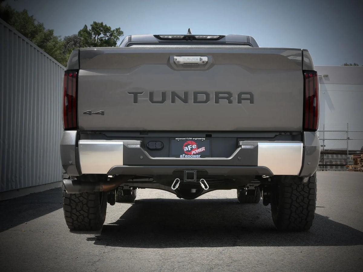 aFe Vulcan 304 stainless-steel cat-back exhaust with dual black tips for 2022–2026 Toyota Tundra - installed Rear View