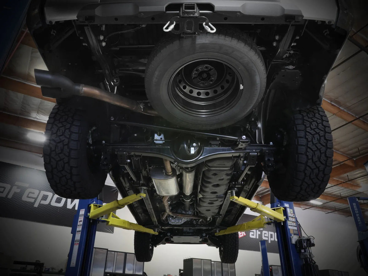 aFe Vulcan 304 stainless-steel cat-back exhaust with dual black tips for 2022–2026 Toyota Tundra - undercarriage view