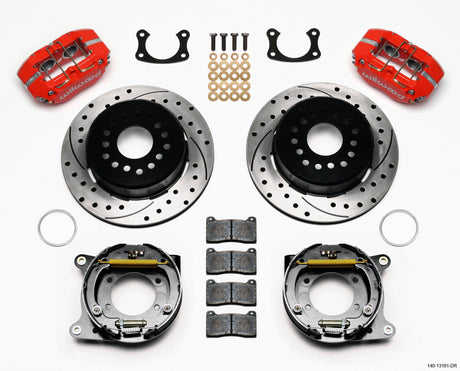 Wilwood 140-13181-DR Dynapro rear parking brake kit with red calipers and drilled slotted rotors