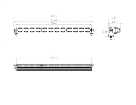 Baja Designs S8 30-inch LED light bar technical drawing showing front, top and side dimensions