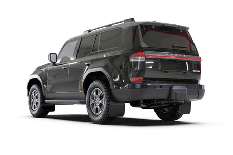 Rear-Left view of Black Lexus GX 550 Luxury equipped with Rally Armor UR Mud Flaps – shows full coverage and black finish with silver logo.