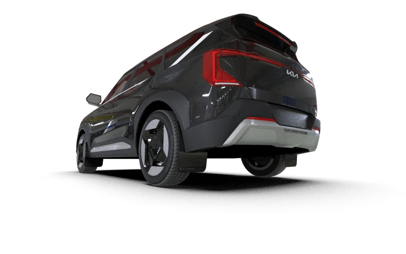 Rear view of 2027 Kia EV5 with Rally Armor Metallic Black logo mud flaps angle view