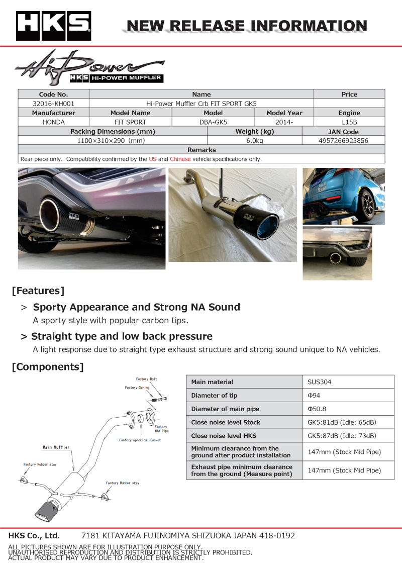 HKS Hi-Power Muffler 2014+ Honda Fit Sport GK5 w/ Carbon Tips | 32016-KH001