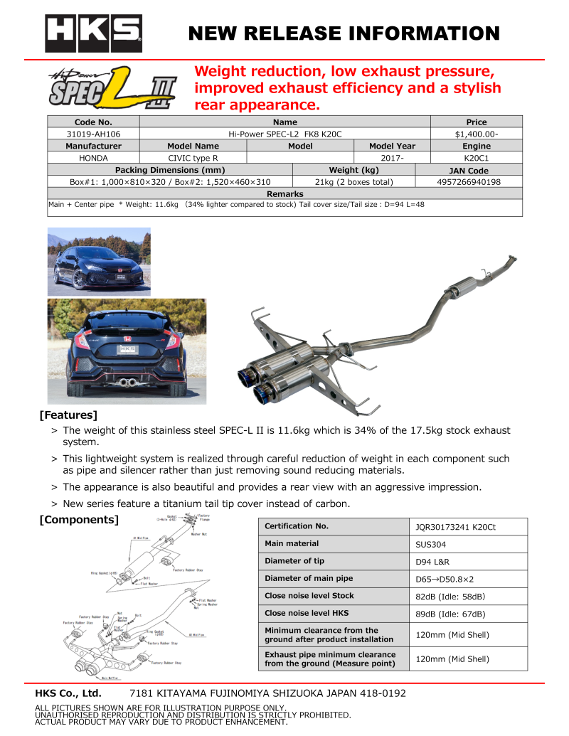 HKS Hi-Power Muffler SPEC-L2 FK8 K20C | 31019-AH106