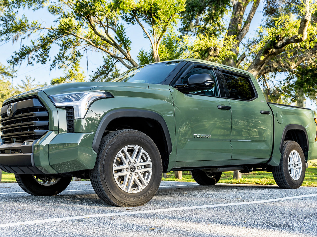 AVS dark-smoke outside-mount Ventvisor window deflectors for 2022–2026 Toyota Tundra CrewMax - Installed View, Zoomed out