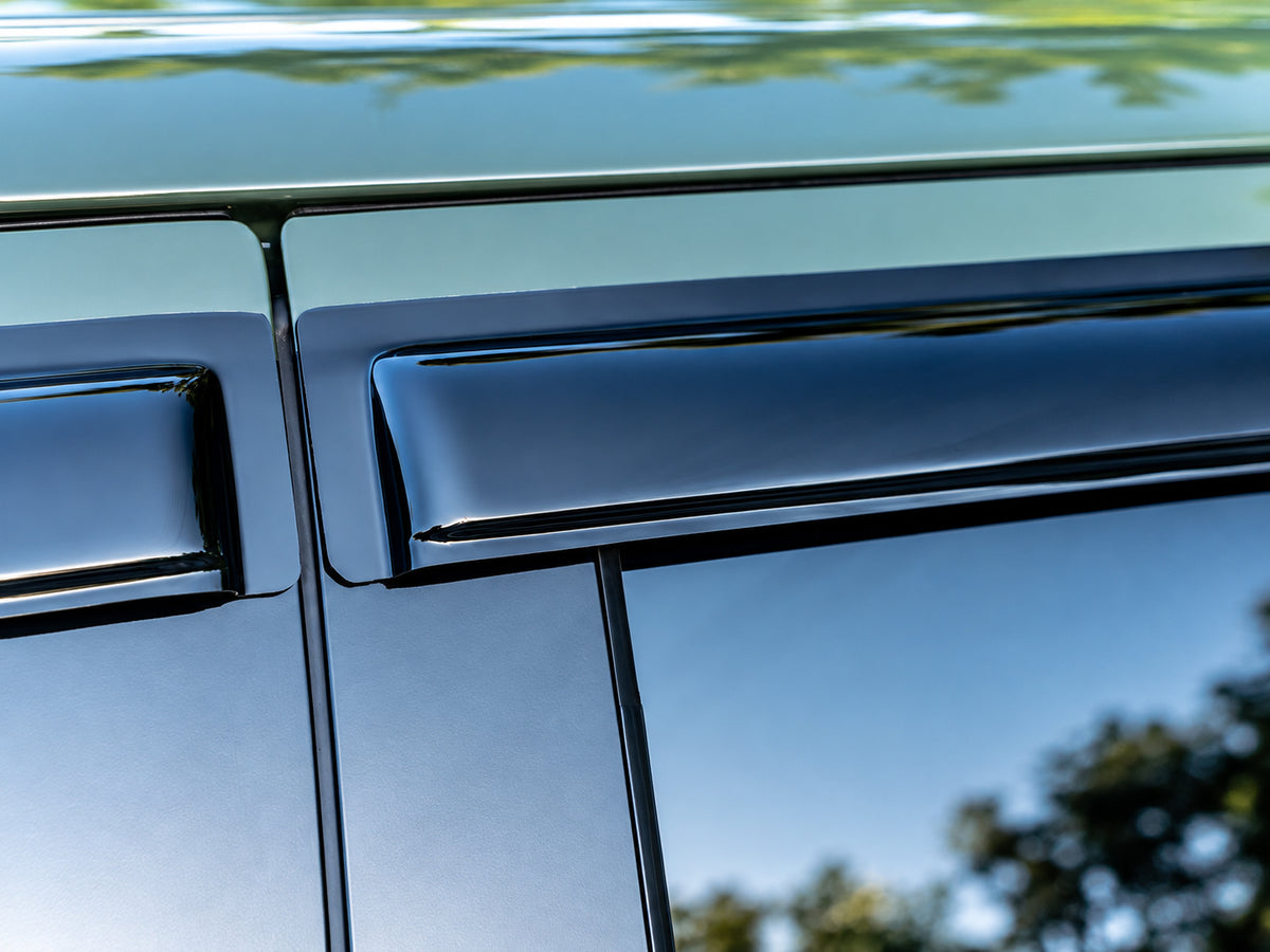 AVS dark-smoke outside-mount Ventvisor window deflectors for 2022–2026 Toyota Tundra CrewMax - Rear Visor Close Up