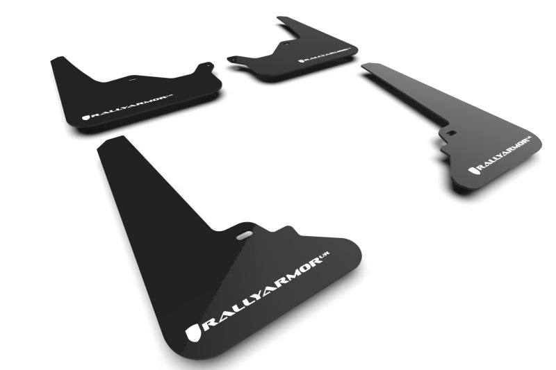 Black Rally Armor UR mud flaps with white logos for 2021–2026 Tesla Model S and Model S Plaid