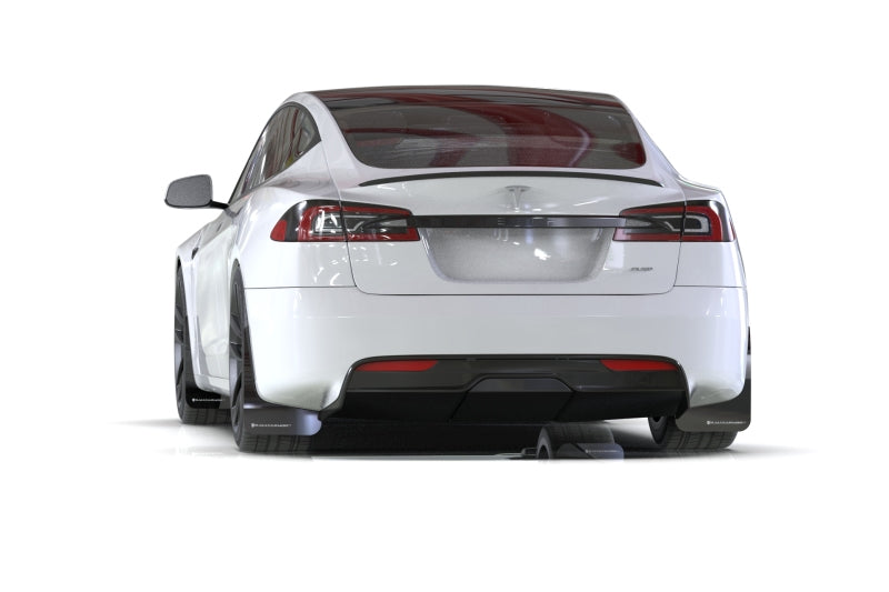 Black Rally Armor UR mud flaps with white logos for 2021–2026 Tesla Model S and Model S Plaid - Installed View