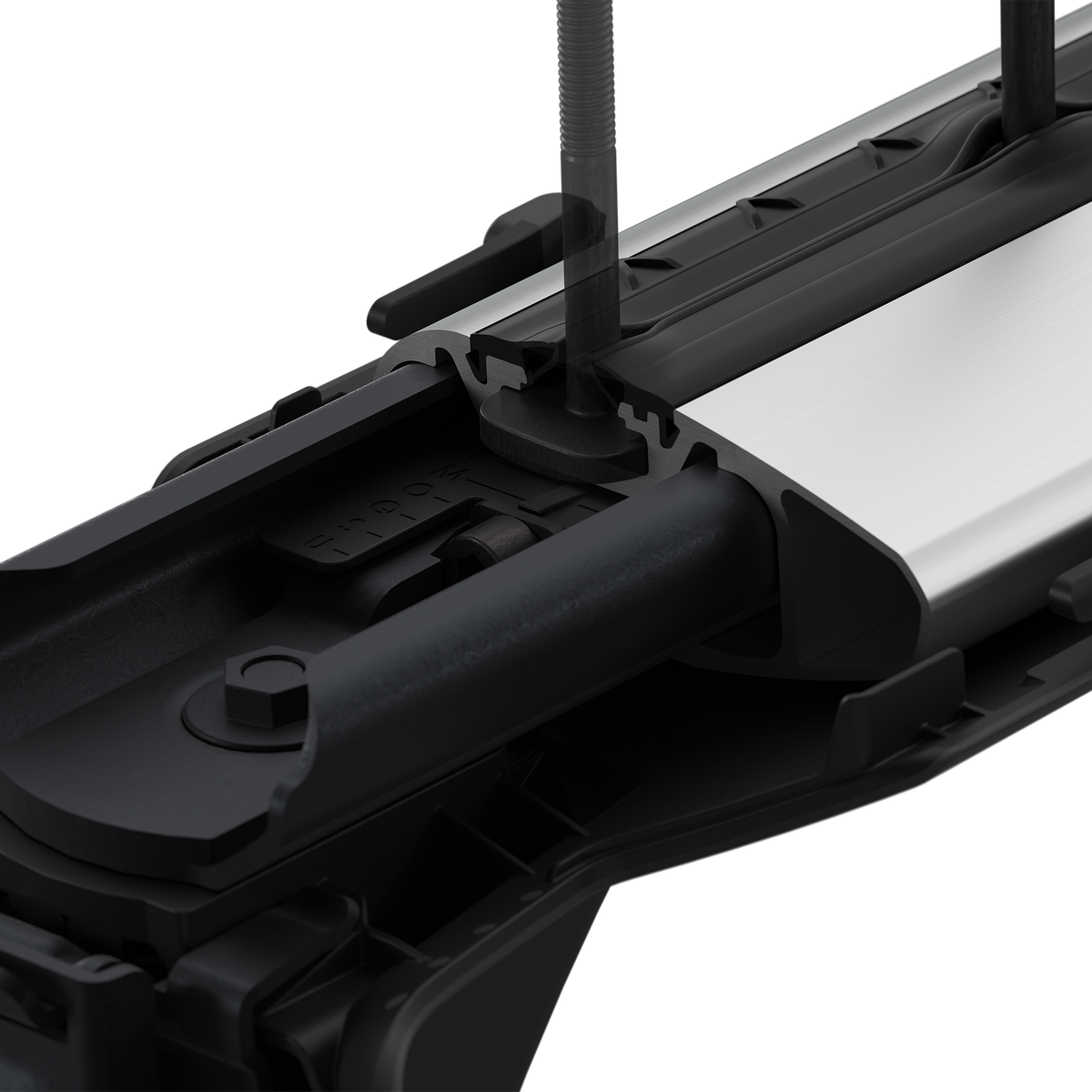 Close-up of Thule WingBar Edge T-track and QuickAccess accessory mounting interface